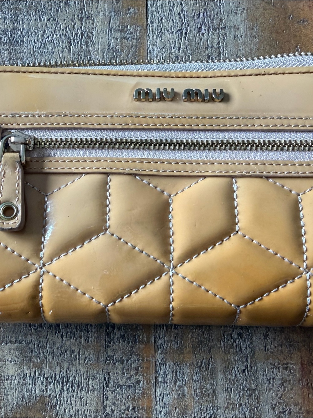 Miu Miu Quilted Patent Leather Wallet in Tan